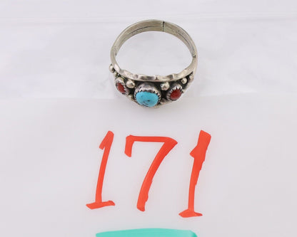 Navajo Ring 925 Silver Coral Turquoise Artist Signed SC C.80's