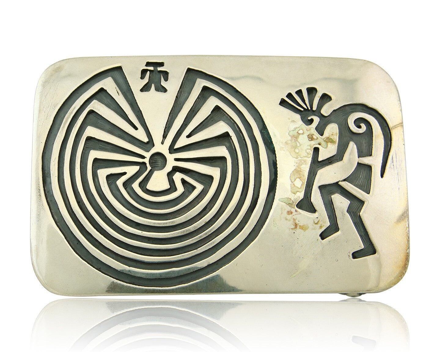 Navajo Belt Buckle 925 Sterling Silver Kokopelli Artist Signed SC 2x3 C.80's