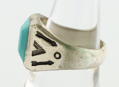 Navajo Ring 925 Silver Kingman Turquoise Signed Sun Bell Silver Company C.80's