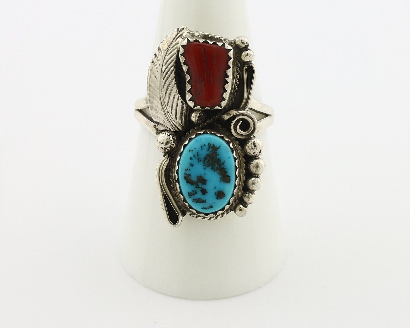 Navajo Ring .925 Silver Turquoise & Coral Artist Signed Justin Morris C.80's