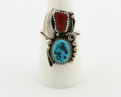 Navajo Ring .925 Silver Turquoise & Coral Artist Signed Justin Morris C.80's