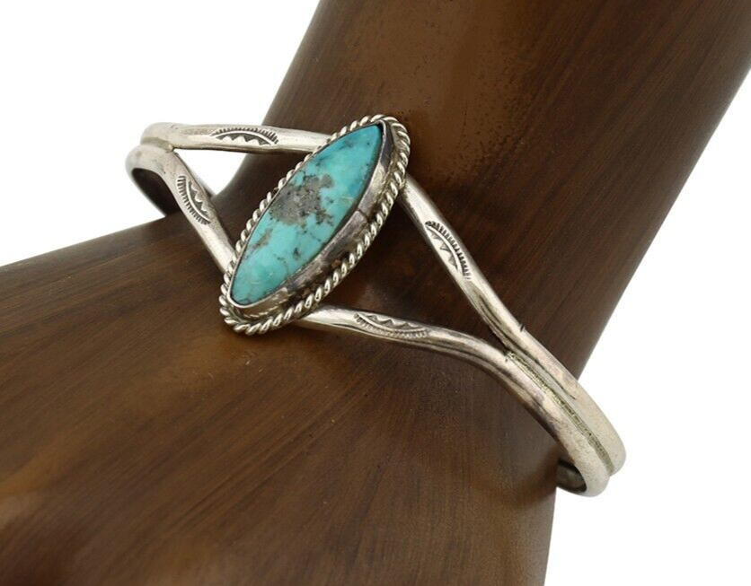 Navajo Bracelet 925 Silver Natural Blue Turquoise Artist Signed LB C.80's