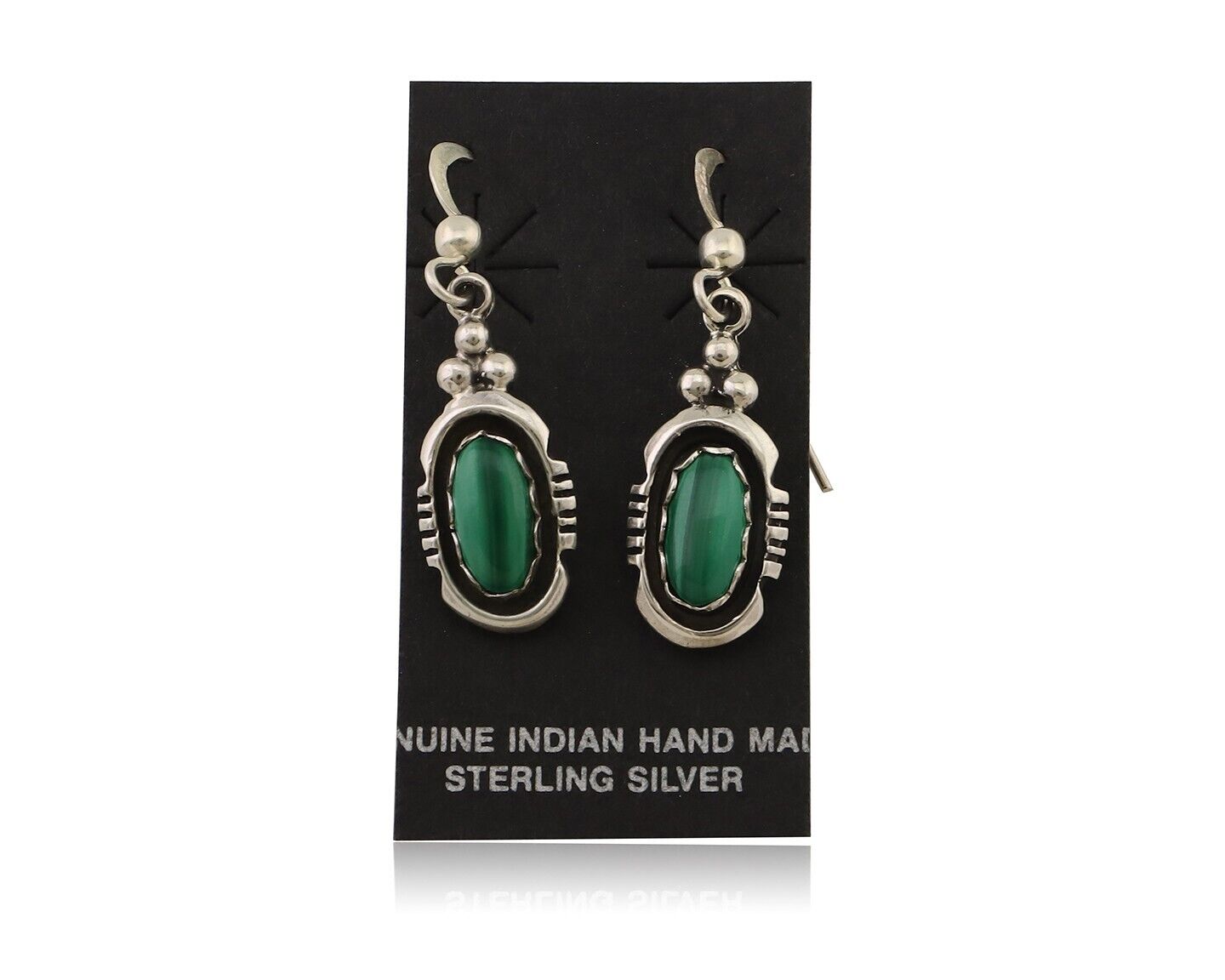 Navajo Dangle Earrings 925 Silver Natural Malachite Native American Artist C.80s