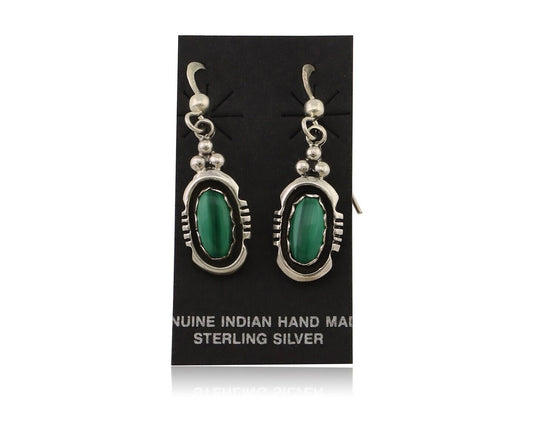 Navajo Dangle Earrings 925 Silver Natural Malachite Native American Artist C.80s