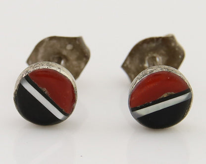 Navajo Earrings 925 Silver Inlaid Natural Onyx & Coral Native Artist C.80's