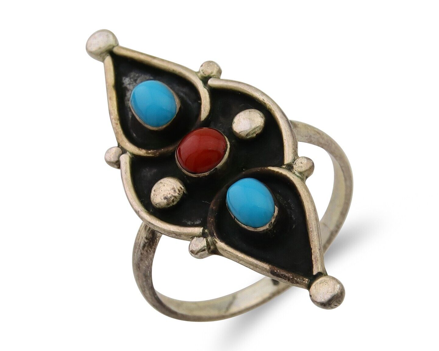 Navajo Handmade Ring 925 Silver Turquoise & Coral Native Artist C.80's