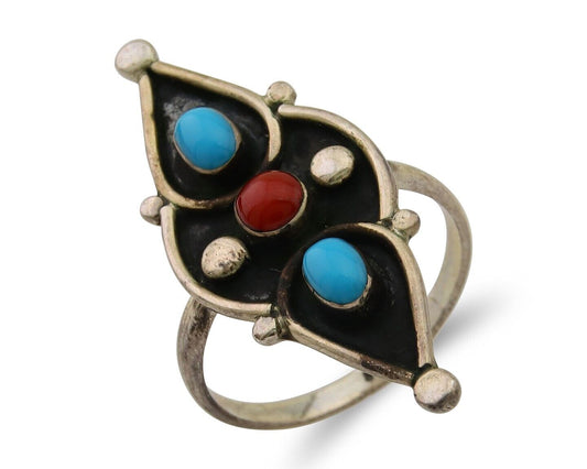 Navajo Handmade Ring 925 Silver Turquoise & Coral Native Artist C.80's