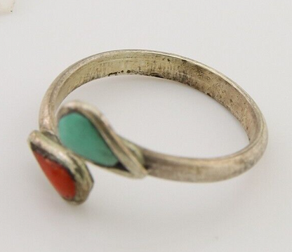 Navajo Handmade Ring 925 Silver Turquoise & Coral Native Artist C.80's