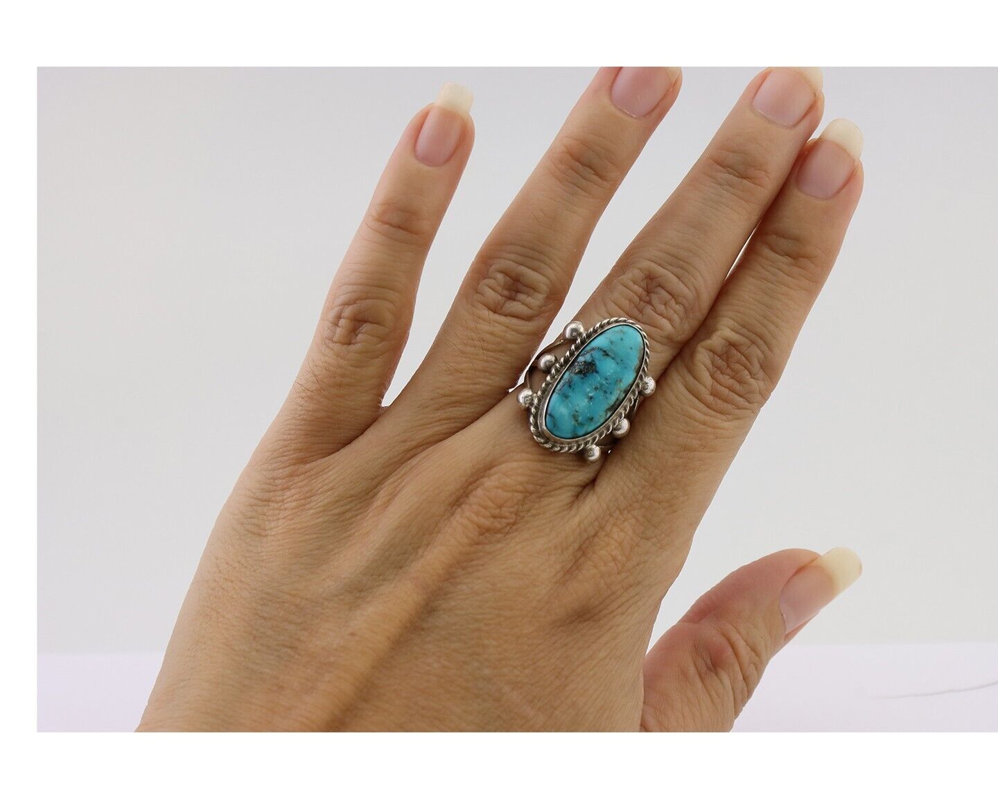 Navajo Ring 925 Silver Natural Kingman Turquoise Native American Artist C.80's