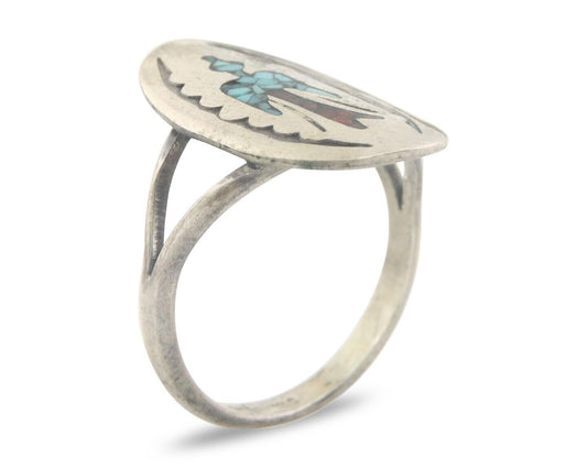 Navajo Ring 925 Sterling Natural Chip Inlay Coral & Turquoise C.80's Size 8.0