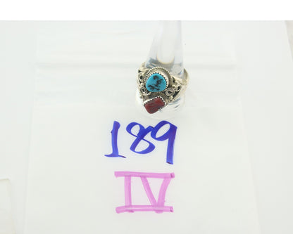 Men Navajo Ring 925 Sterling Natural Coral & Turquoise Signed JM C.80's Sz 12.25