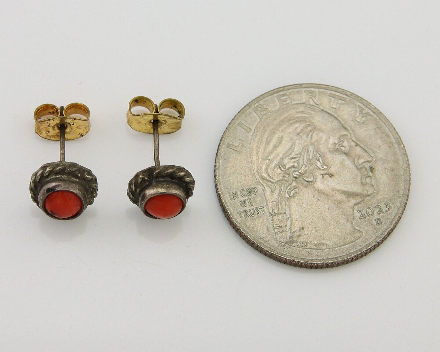 Navajo Earrings 925 Silver Natural Red Coral Native American Artist C.80's