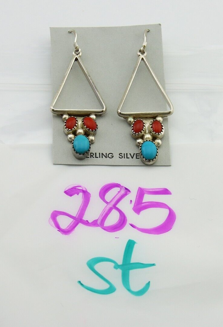 Navajo Earrings 925 Silver Turquoise & Coral Native American Artist C.80's