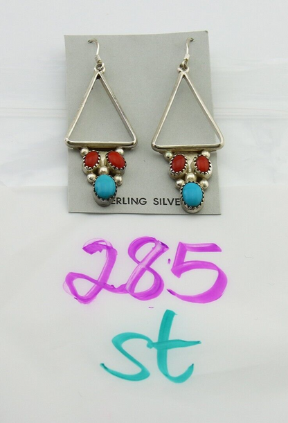 Navajo Earrings 925 Silver Turquoise & Coral Native American Artist C.80's
