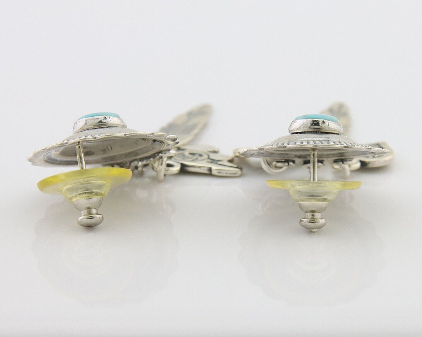 Navajo Concho Dangle Bear Feather Heart Earrings 925 Silver Natural Turquoise