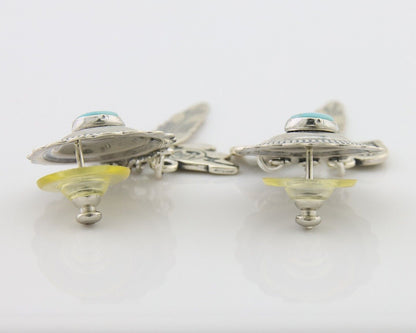 Navajo Concho Dangle Bear Feather Heart Earrings 925 Silver Natural Turquoise