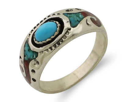 Navajo Ring 925 Silver Turquoise & Coral Natural American Artist C.80's