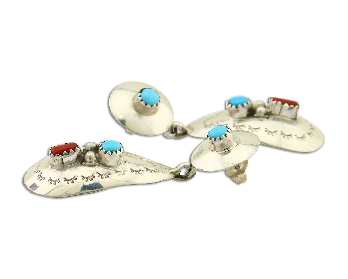 Navajo Earrings 925 Silver Turquoise & Coral Artist Signed Leeann Lee C.80's