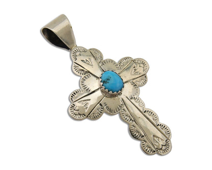Navajo Cross Hand Stamped Pendant 925 Silver Turquoise Artist Gilbert Lee C.80s