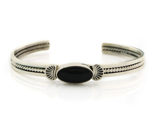Navajo Cuff Bracelet Sterling Silver Black Onyx Handmade Vintage