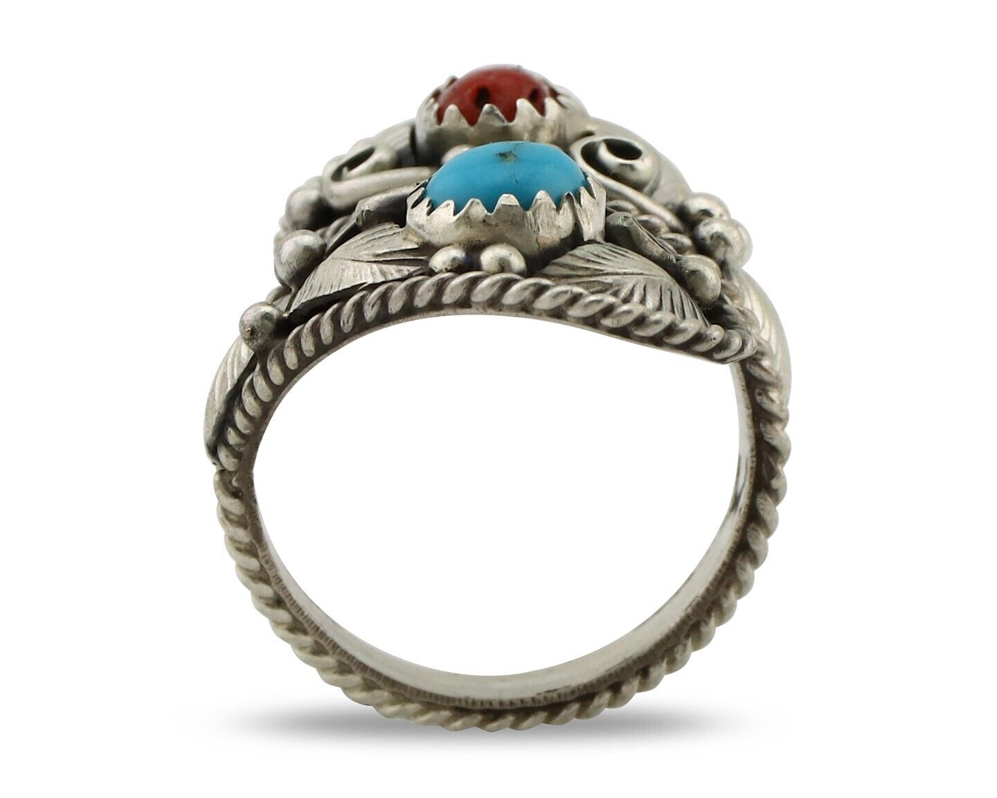 Navajo Adjustable Ring 925 Silver Turquoise & Coral Artist Signed Gecko C.80's