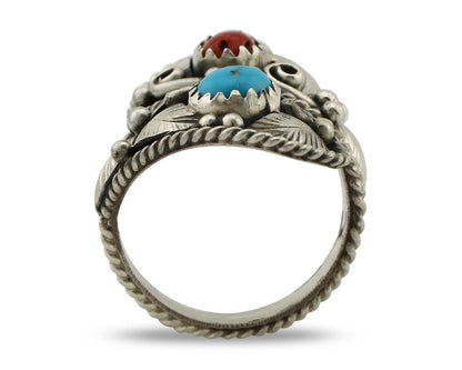 Navajo Adjustable Ring 925 Silver Turquoise & Coral Artist Signed Gecko C.80's