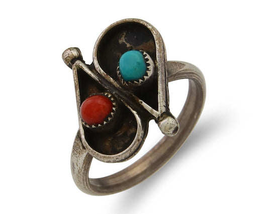 Navajo Ring 925 Silver Turquoise & Coral Native American Artist C.80's