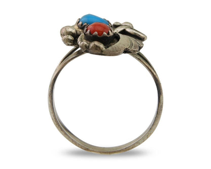 Navajo Ring 925 Silver Turquoise & Coral Native American Artist C.80's