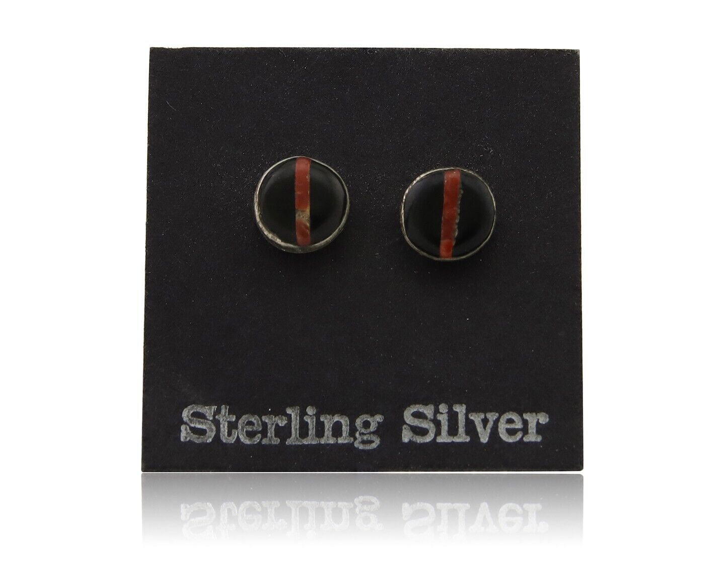 Navajo Earrings 925 Silver Inlaid Natural Onyx & Coral Native Artist C.80's