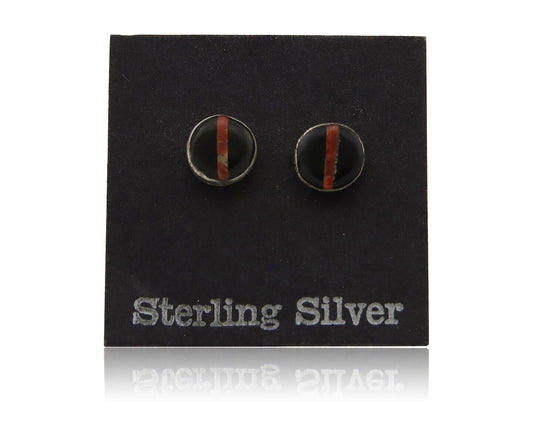 Navajo Earrings 925 Silver Inlaid Natural Onyx & Coral Native Artist C.80's
