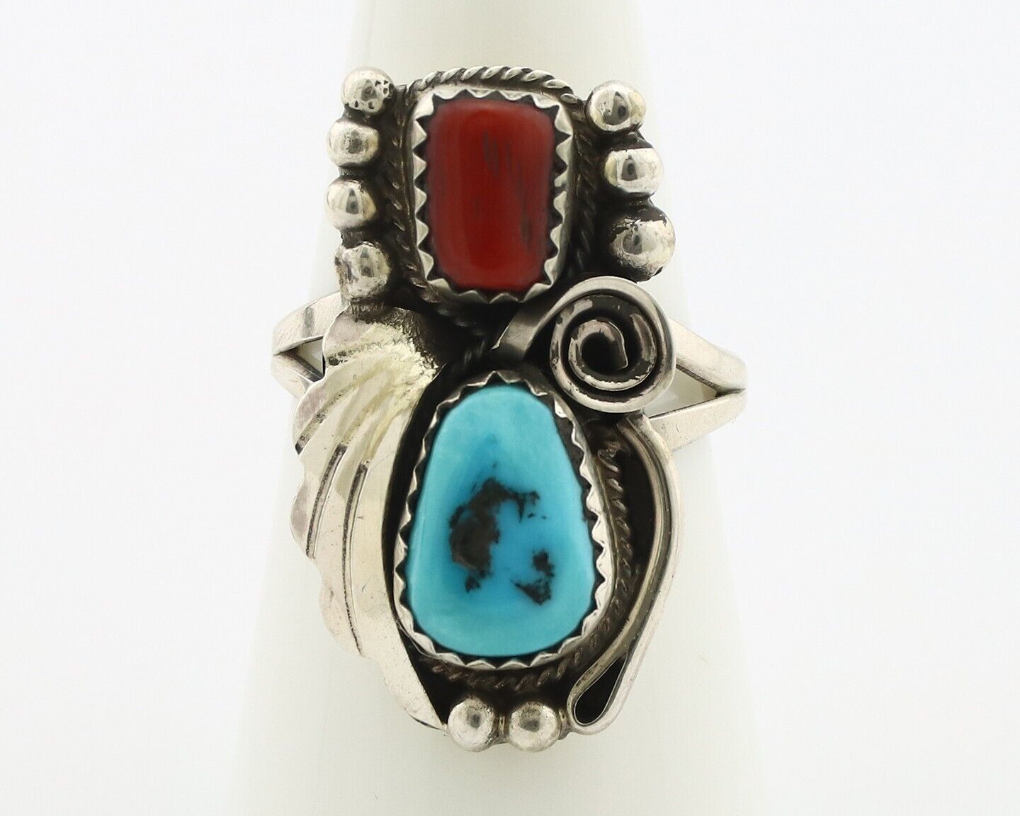 Navajo Ring .925 Silver Turquoise & Coral Artist Signed Justin Morris C.80's