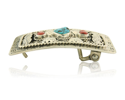 Vintage Navajo Belt Buckle 925 Silver Cluster Natural Gemstone Signed Teepee