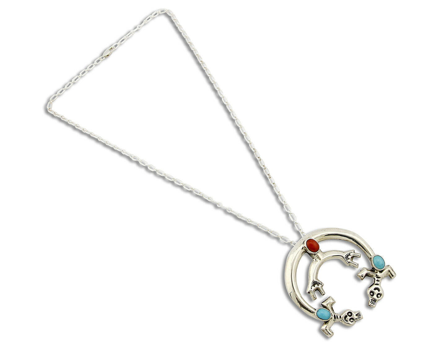 Navajo C.1980's Natural Turquoise & Coral .925 Silver Naja Necklace