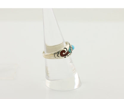 Navajo Ring 925 Silver Turquoise & Coral Natural American Artist C.80's