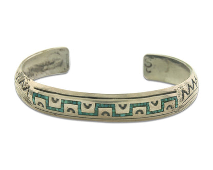 Navajo Bracelet 925 Silver Inlaid Turquoise Coral Artist Signed Stanley Bain C80