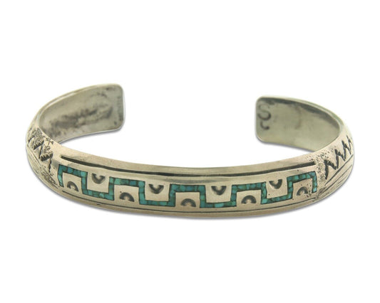 Navajo Bracelet 925 Silver Inlaid Turquoise Coral Artist Signed Stanley Bain C80