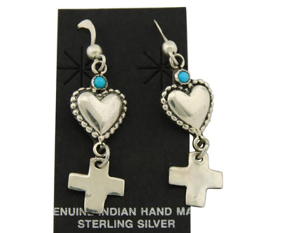 Navajo Earrings 925 Silver Heart Cross Turquoise Native American Artist C.80's