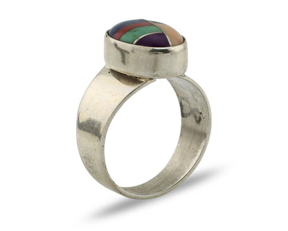 Zuni Inlaid Ring 925 Silver Mixed Natural Gemstones Native American Artist C.80s