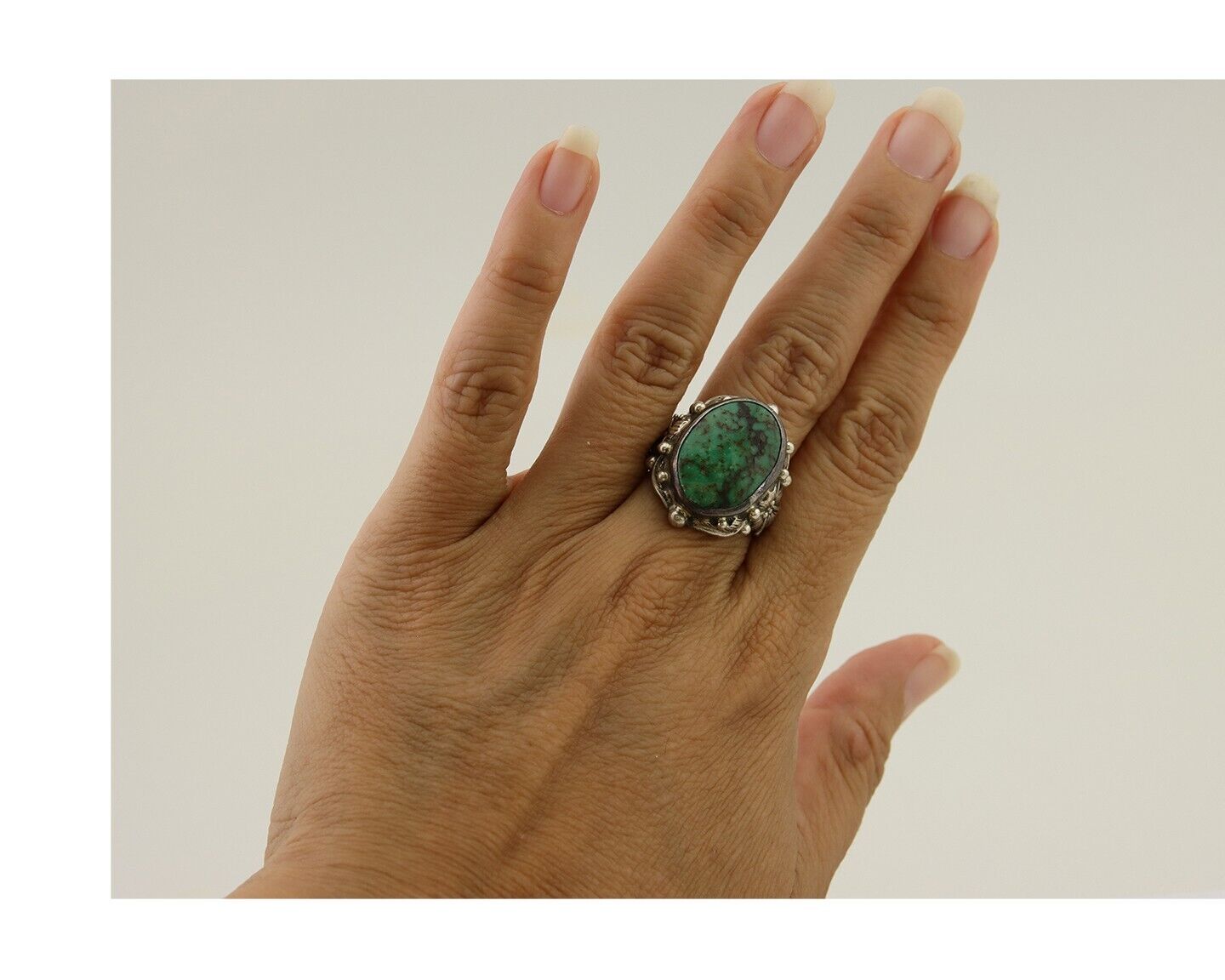 Navajo Ring 925 Silver Green Turquoise Signed CD C.1986's