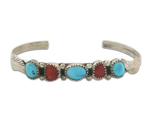 Navajo Bracelet 925 Silver Coral & Turquoise Cuff Signed Keith James C.80's