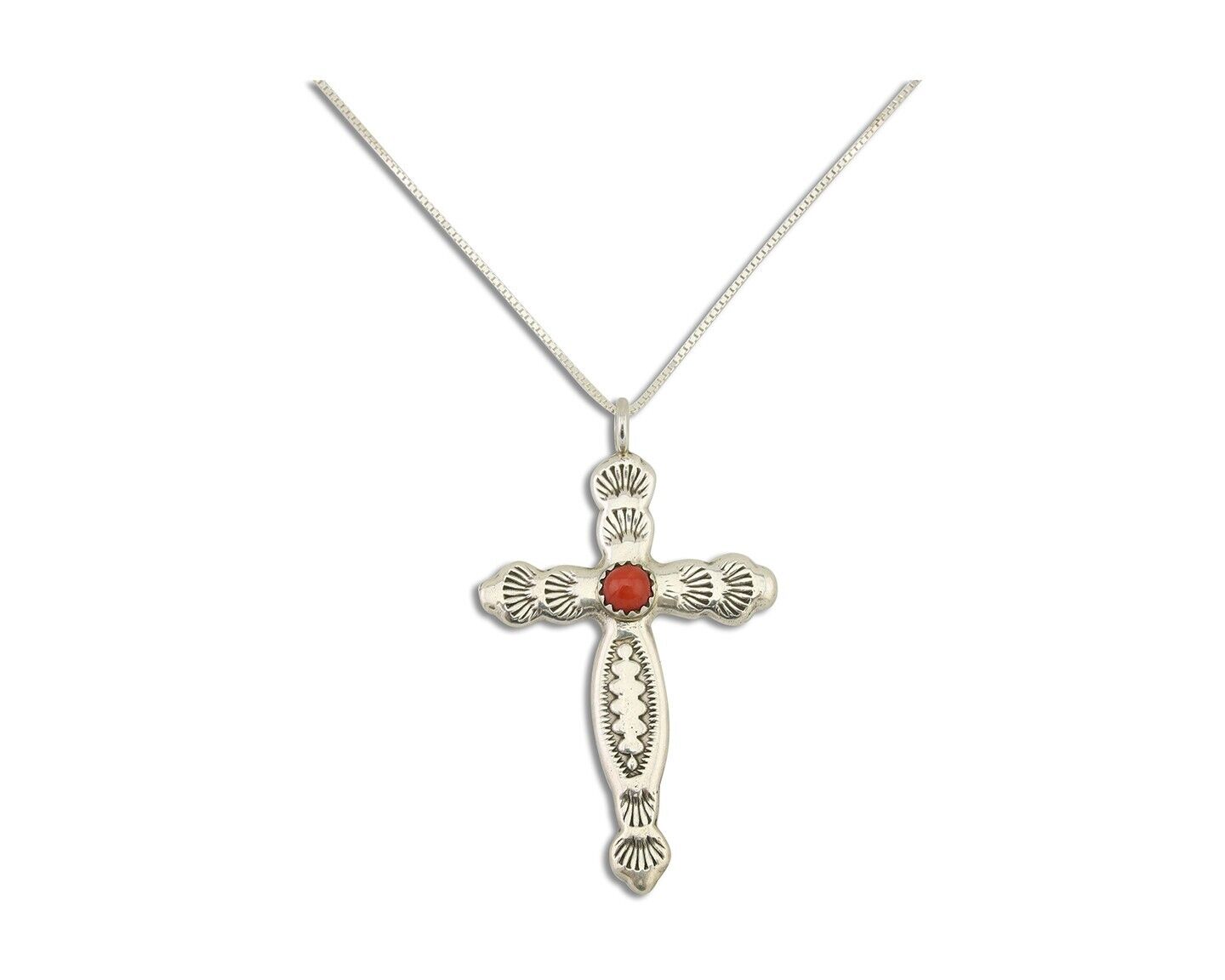 Navajo Cross Necklace 925 Silver Mediterranean Coral Native American Artist C80s