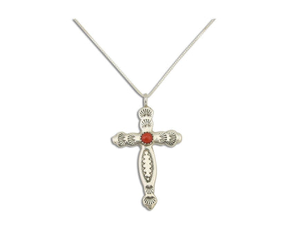 Navajo Cross Necklace 925 Silver Mediterranean Coral Native American Artist C80s
