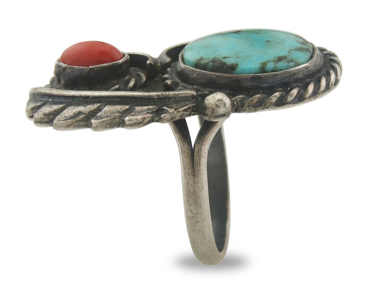 Navajo Ring 925 Sterling Natural Coral & Turquoise Native Artist C.80's Size 7.0