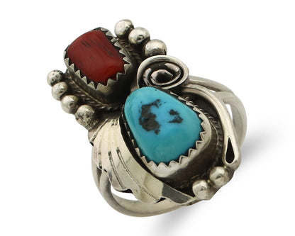 Navajo Ring .925 Silver Turquoise & Coral Artist Signed Justin Morris C.80's