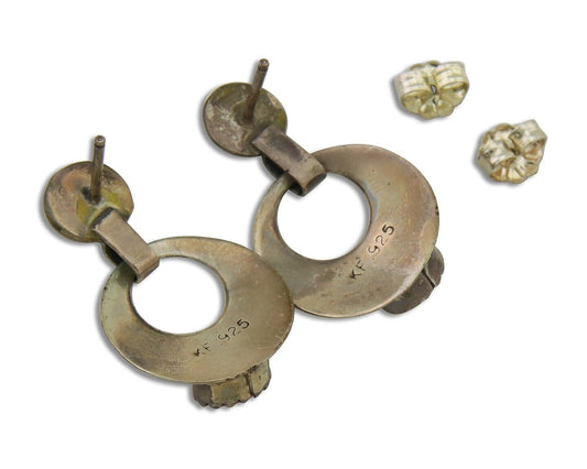 Navajo Earrings 925 Silver Natural Red Coral Artist Signed KF C.80's