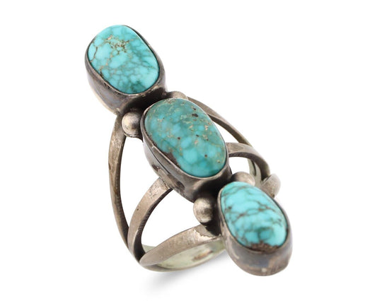 Navajo 3 Stone Ring 925 Silver Morenci Turquoise Native American Artist C.80's