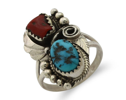 Navajo Ring .925 Silver Turquoise & Coral Artist Signed Justin Morris C.80's