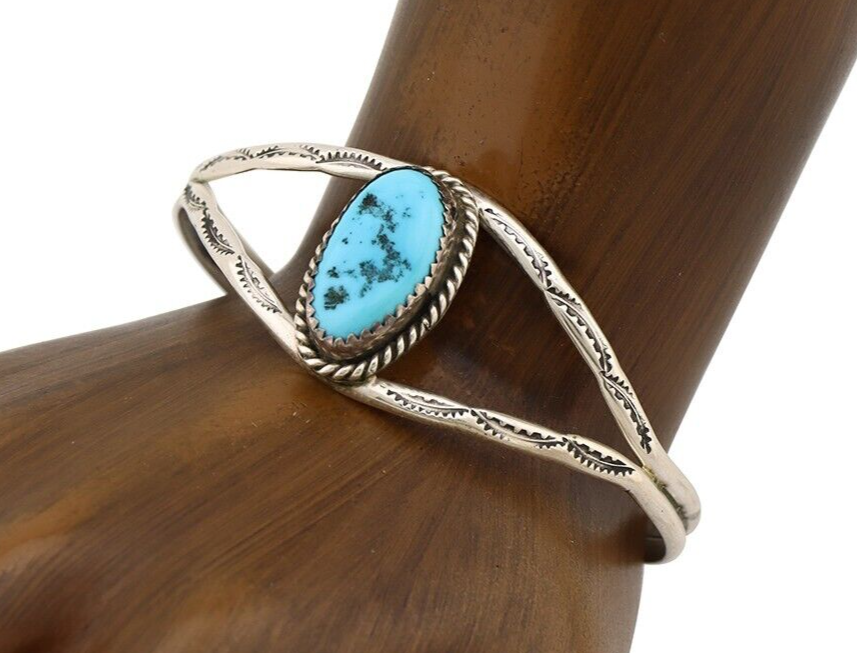 Navajo Bracelet 925 Silver Sleeping Beauty Turquoise Native American Artist C80s