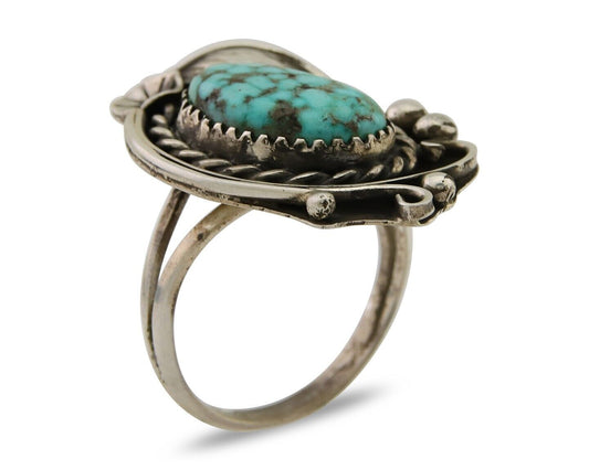 Navajo Ring 925 Sterling Silver Spiderweb Turquoise Artist Signed CW C.80's