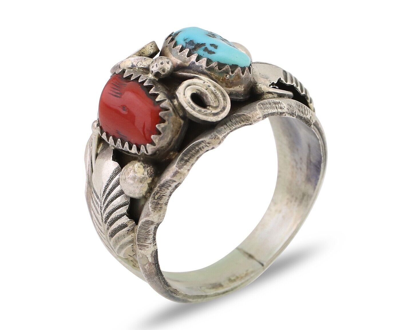 Navajo Ring 925 Silver Coral Turquoise Artist Signed Max Calabaza C.80's